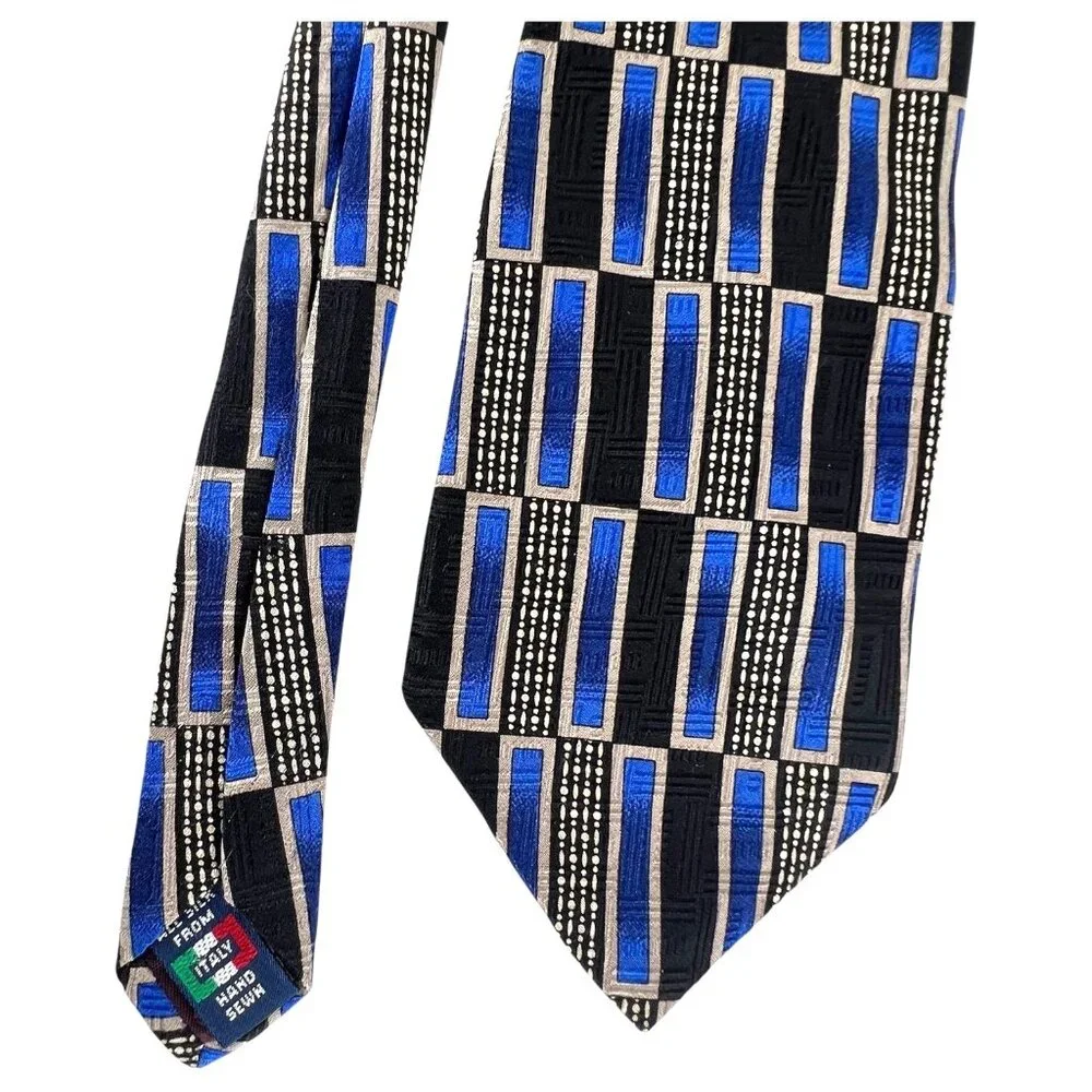 Louis Roth Mens Silk Tie Blue & Black Geometric Art Deco Pattern Hans Sewn Italy